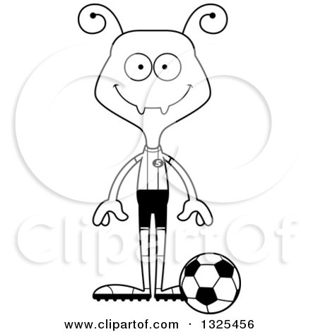 Lineart Clipart of a Cartoon Black and White Happy Ant Soccer Player - Royalty Free Outline Vector Illustration by Cory Thoman