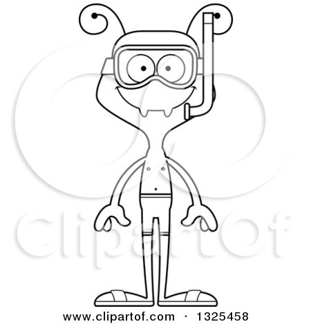 Lineart Clipart of a Cartoon Black and White Happy Ant in Snorkel Gear - Royalty Free Outline Vector Illustration by Cory Thoman