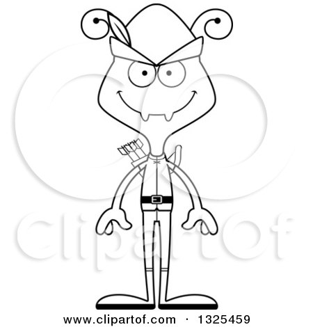 Lineart Clipart of a Cartoon Black and White Happy Ant Robin Hood - Royalty Free Outline Vector Illustration by Cory Thoman