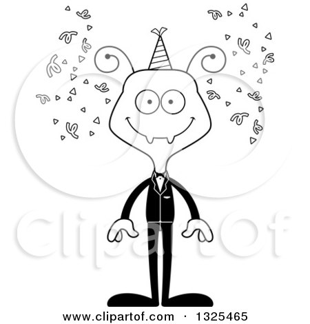 Lineart Clipart of a Cartoon Black and White Happy New Year Party Ant - Royalty Free Outline Vector Illustration by Cory Thoman