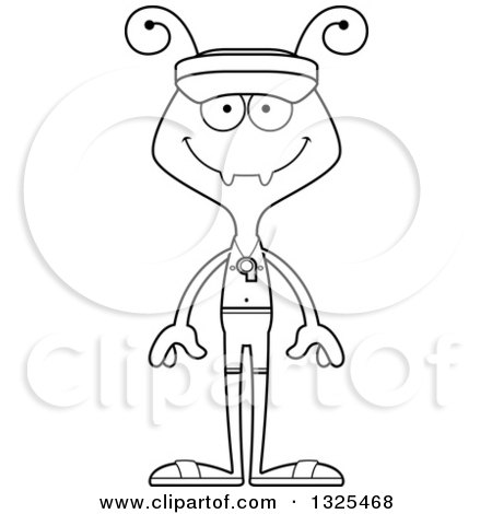 Lineart Clipart of a Cartoon Black and White Happy Ant Lifeguard - Royalty Free Outline Vector Illustration by Cory Thoman