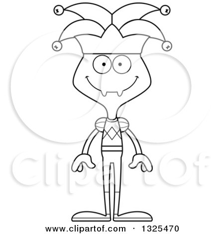 Lineart Clipart of a Cartoon Black and White Happy Ant Jester - Royalty Free Outline Vector Illustration by Cory Thoman