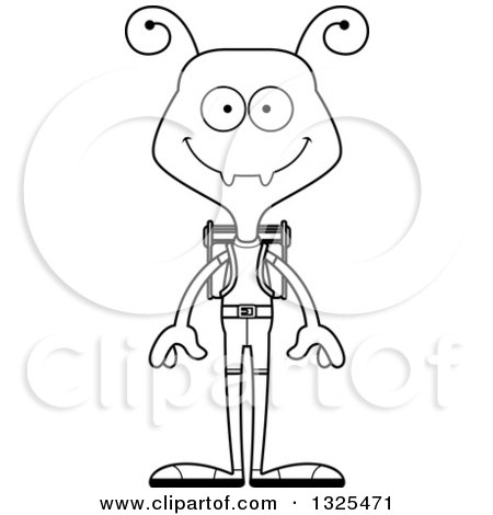 Lineart Clipart of a Cartoon Black and White Happy Ant Hiker - Royalty Free Outline Vector Illustration by Cory Thoman