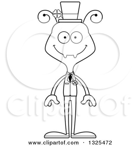 Lineart Clipart of a Cartoon Black and White Happy Irish St Patricks Day Ant - Royalty Free Outline Vector Illustration by Cory Thoman