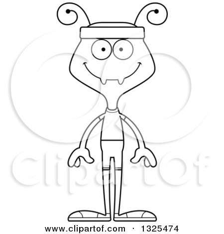 Lineart Clipart of a Cartoon Black and White Happy Fitness Ant - Royalty Free Outline Vector Illustration by Cory Thoman