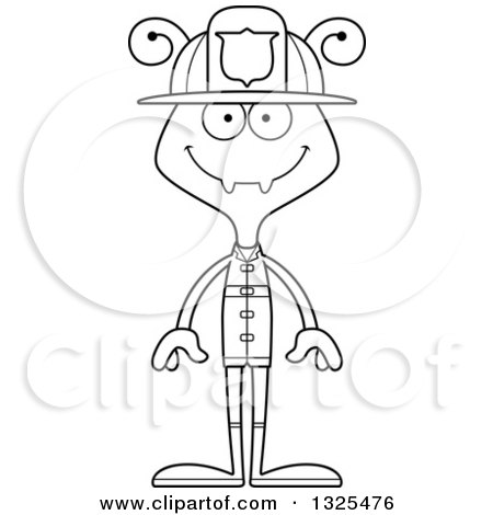 Lineart Clipart of a Cartoon Black and White Happy Ant Firefighter - Royalty Free Outline Vector Illustration by Cory Thoman