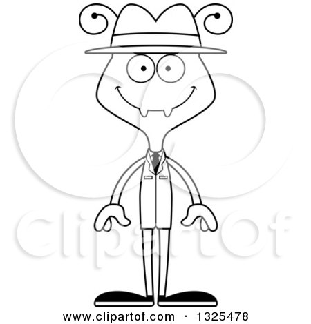 Lineart Clipart of a Cartoon Black and White Happy Ant Detective - Royalty Free Outline Vector Illustration by Cory Thoman