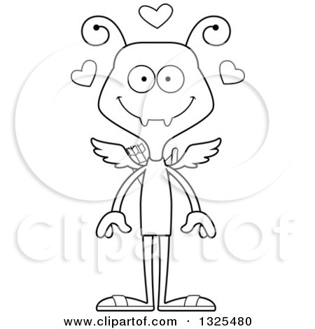 Lineart Clipart of a Cartoon Black and White Happy St Valentines Day Cupid Ant - Royalty Free Outline Vector Illustration by Cory Thoman