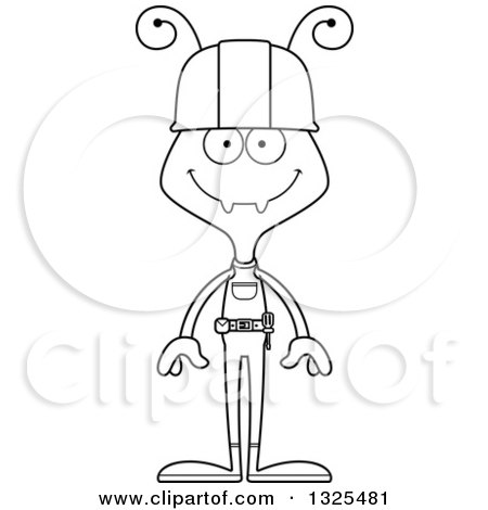Lineart Clipart of a Cartoon Black and White Happy Ant Construction Worker - Royalty Free Outline Vector Illustration by Cory Thoman