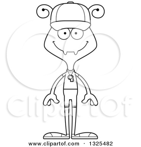 Lineart Clipart of a Cartoon Black and White Happy Ant Sports Coach - Royalty Free Outline Vector Illustration by Cory Thoman