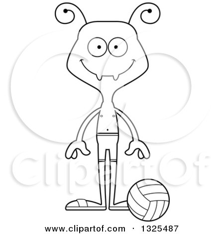 Lineart Clipart of a Cartoon Black and White Happy Ant Beach Volleyball Player - Royalty Free Outline Vector Illustration by Cory Thoman