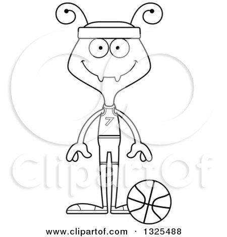 Lineart Clipart of a Cartoon Black and White Happy Ant Basketball Player - Royalty Free Outline Vector Illustration by Cory Thoman