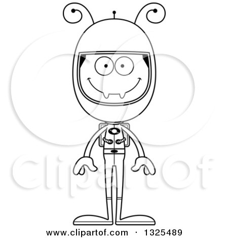 Lineart Clipart of a Cartoon Black and White Happy Ant Astronaut - Royalty Free Outline Vector Illustration by Cory Thoman