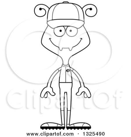 Lineart Clipart of a Cartoon Black and White Happy Ant Baseball Player - Royalty Free Outline Vector Illustration by Cory Thoman