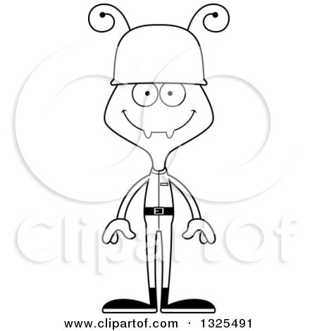 Lineart Clipart of a Cartoon Black and White Happy Ant Soldier - Royalty Free Outline Vector Illustration by Cory Thoman