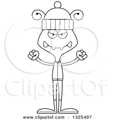 Lineart Clipart of a Cartoon Black and White Mad Ant in Winter Clothes - Royalty Free Outline Vector Illustration by Cory Thoman