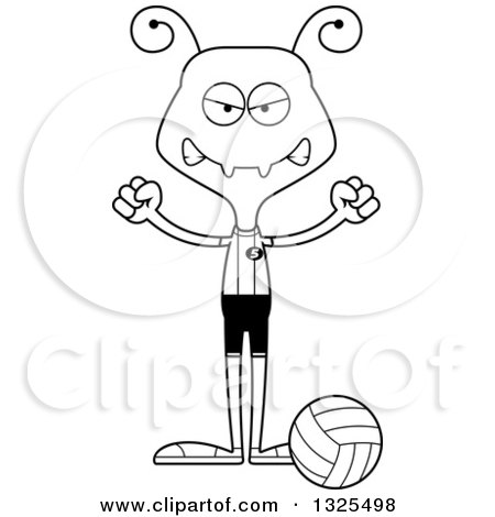 Lineart Clipart of a Cartoon Black and White Mad Ant Volleyball Player - Royalty Free Outline Vector Illustration by Cory Thoman