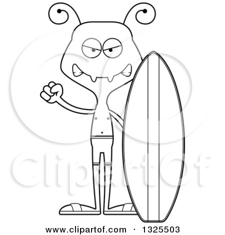 Lineart Clipart of a Cartoon Black and White Mad Ant Surfer - Royalty Free Outline Vector Illustration by Cory Thoman