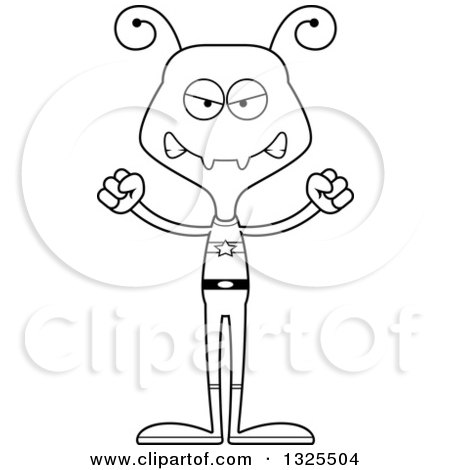 Lineart Clipart of a Cartoon Black and White Mad Ant Super Hero - Royalty Free Outline Vector Illustration by Cory Thoman