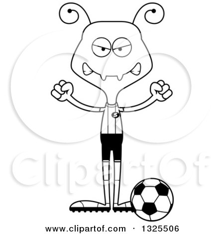 Lineart Clipart of a Cartoon Black and White Mad Ant Soccer Player - Royalty Free Outline Vector Illustration by Cory Thoman