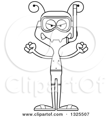 Lineart Clipart of a Cartoon Black and White Mad Ant in Snorkel Gear - Royalty Free Outline Vector Illustration by Cory Thoman