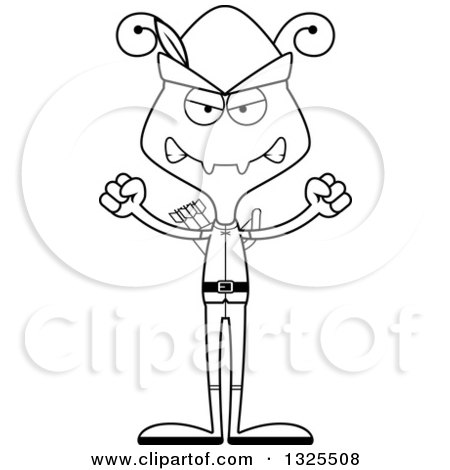 Lineart Clipart of a Cartoon Black and White Mad Ant Robin Hood - Royalty Free Outline Vector Illustration by Cory Thoman