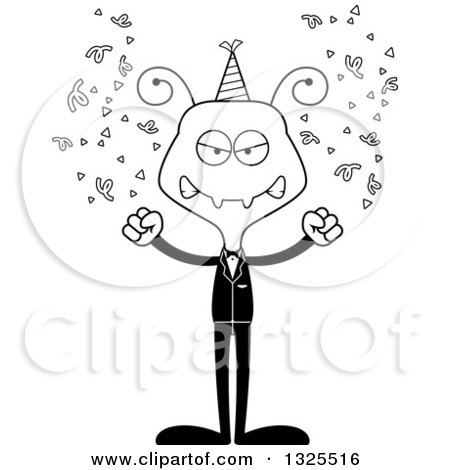 Lineart Clipart of a Cartoon Black and White Mad New Year Party Ant - Royalty Free Outline Vector Illustration by Cory Thoman