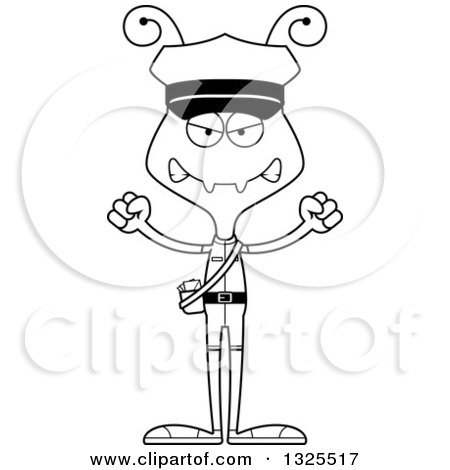 Lineart Clipart of a Cartoon Black and White Mad Ant Mailman - Royalty Free Outline Vector Illustration by Cory Thoman