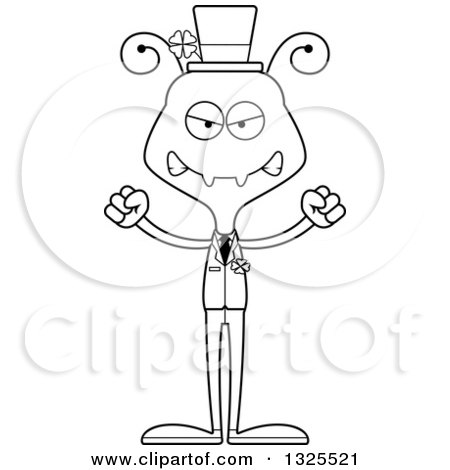 Lineart Clipart of a Cartoon Black and White Mad Irish St Patricks Day Ant - Royalty Free Outline Vector Illustration by Cory Thoman