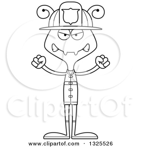 Lineart Clipart of a Cartoon Black and White Mad Ant Firefighter - Royalty Free Outline Vector Illustration by Cory Thoman