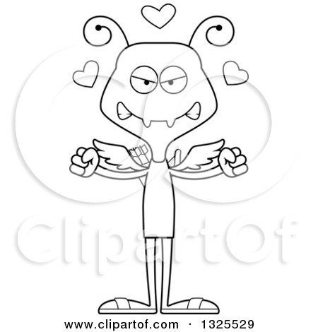 Lineart Clipart of a Cartoon Black and White Mad St Valentines Day Cupid Ant - Royalty Free Outline Vector Illustration by Cory Thoman