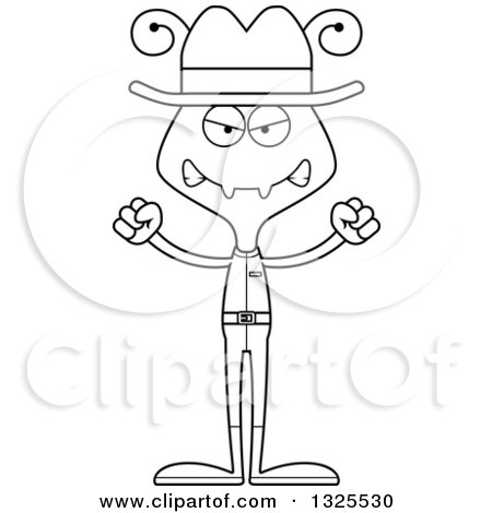 Lineart Clipart of a Cartoon Black and White Mad Ant Cowboy - Royalty Free Outline Vector Illustration by Cory Thoman