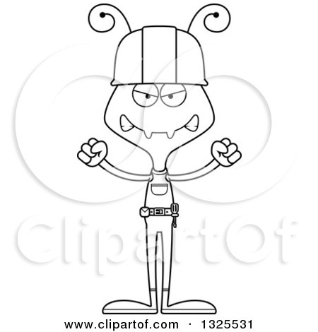 Lineart Clipart of a Cartoon Black and White Mad Ant Construction Worker - Royalty Free Outline Vector Illustration by Cory Thoman