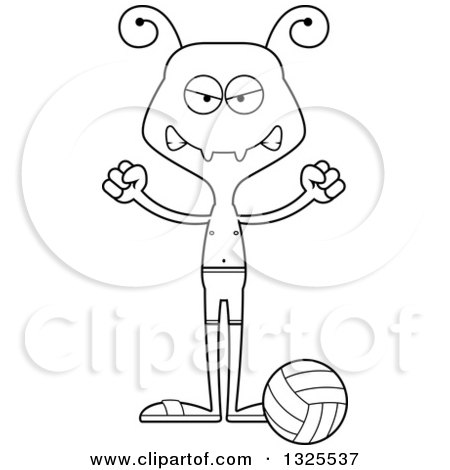 Lineart Clipart of a Cartoon Black and White Mad Ant Beach Volleyball Player - Royalty Free Outline Vector Illustration by Cory Thoman