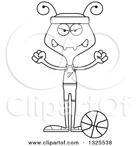 Lineart Clipart of a Cartoon Black and White Mad Ant Basketball Player - Royalty Free Outline Vector Illustration by Cory Thoman