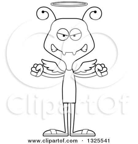 Lineart Clipart of a Cartoon Black and White Mad Ant Angel - Royalty Free Outline Vector Illustration by Cory Thoman
