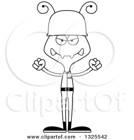 Lineart Clipart of a Cartoon Black and White Mad Ant Soldier - Royalty Free Outline Vector Illustration by Cory Thoman