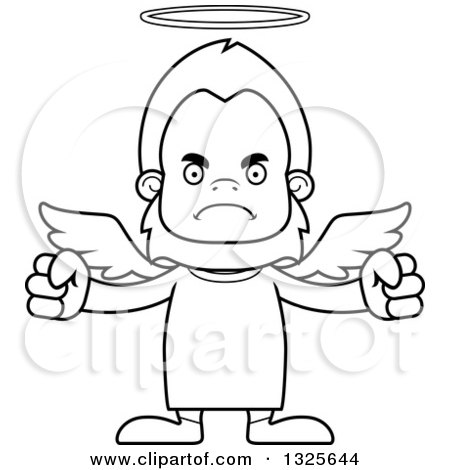 Lineart Clipart of a Cartoon Blcak and White Mad Bigfoot Angel - Royalty Free Outline Vector Illustration by Cory Thoman