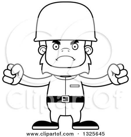 Lineart Clipart of a Cartoon Blcak and White Mad Bigfoot Soldier - Royalty Free Outline Vector Illustration by Cory Thoman