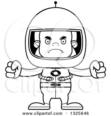 Lineart Clipart of a Cartoon Blcak and White Mad Bigfoot Astronaut - Royalty Free Outline Vector Illustration by Cory Thoman