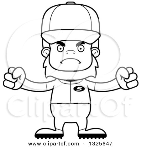 Lineart Clipart of a Cartoon Blcak and White Mad Bigfoot Baseball Player - Royalty Free Outline Vector Illustration by Cory Thoman