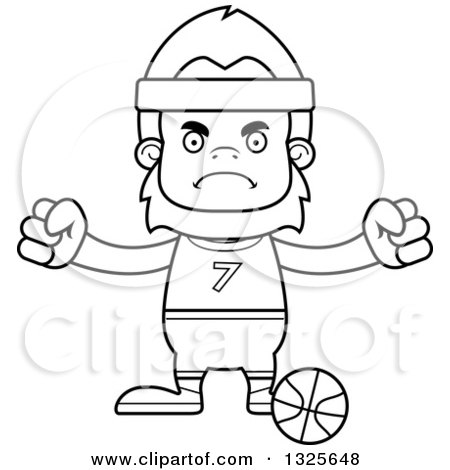 Lineart Clipart of a Cartoon Blcak and White Mad Bigfoot Basketball Player - Royalty Free Outline Vector Illustration by Cory Thoman