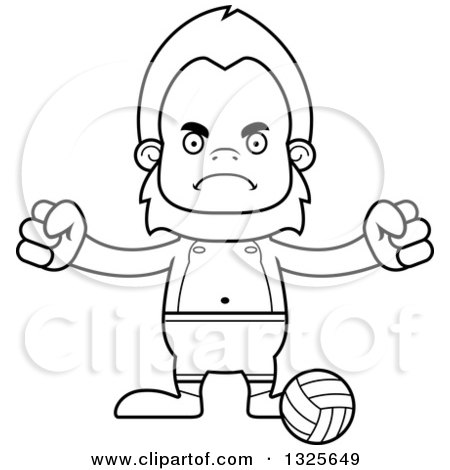 Lineart Clipart of a Cartoon Blcak and White Mad Bigfoot Beach Volleyball Player - Royalty Free Outline Vector Illustration by Cory Thoman
