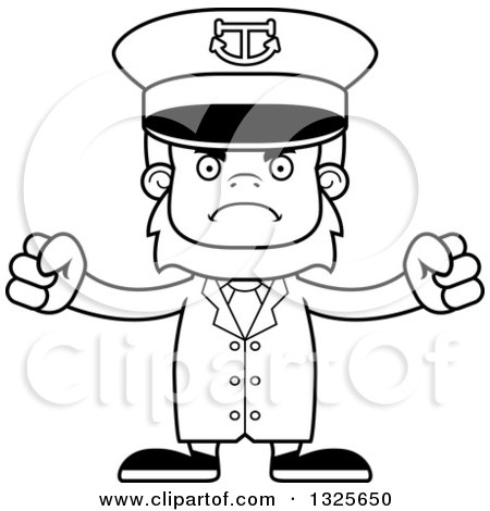 Lineart Clipart of a Cartoon Blcak and White Mad Bigfoot Captain - Royalty Free Outline Vector Illustration by Cory Thoman