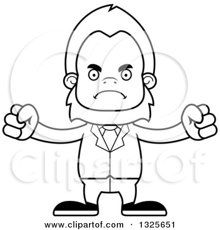 Lineart Clipart of a Cartoon Blcak and White Mad Bigfoot Businessman - Royalty Free Outline Vector Illustration by Cory Thoman