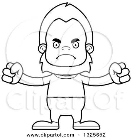 Lineart Clipart of a Cartoon Blcak and White Mad Casual Bigfoot - Royalty Free Outline Vector Illustration by Cory Thoman