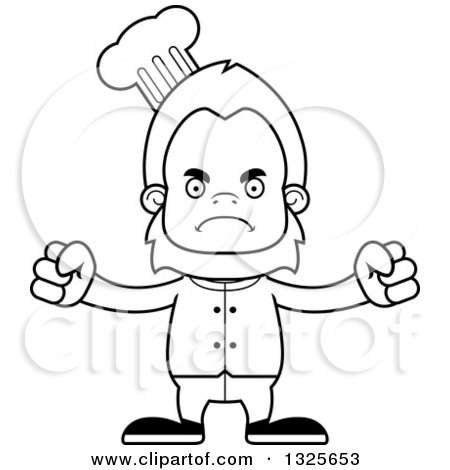 Lineart Clipart of a Cartoon Blcak and White Mad Bigfoot Chef - Royalty Free Outline Vector Illustration by Cory Thoman