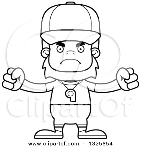 Lineart Clipart of a Cartoon Blcak and White Mad Bigfoot Sports Coach - Royalty Free Outline Vector Illustration by Cory Thoman