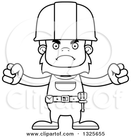 Lineart Clipart of a Cartoon Blcak and White Mad Bigfoot Construction Worker - Royalty Free Outline Vector Illustration by Cory Thoman
