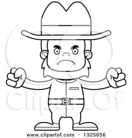 Lineart Clipart of a Cartoon Blcak and White Mad Cowboy Bigfoot - Royalty Free Outline Vector Illustration by Cory Thoman
